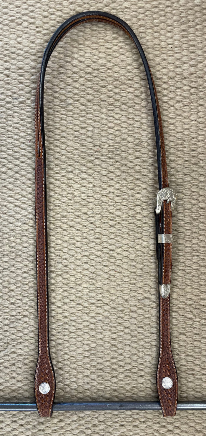 Headstall - HS246 - 1/2" Single Buckle Split Ear Basket Antiqued w/ Wage BLT's