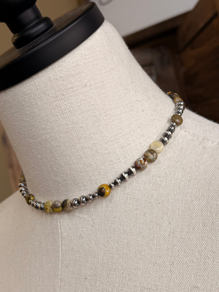 Bumblebee jasper beaded choker necklace with mixed yellow-green stones and silver beads