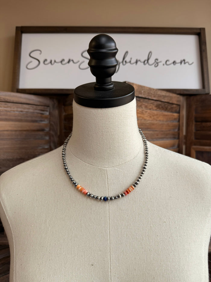 Sterling bead necklace with blue jasper and orange spiny oyster accents, 17 in