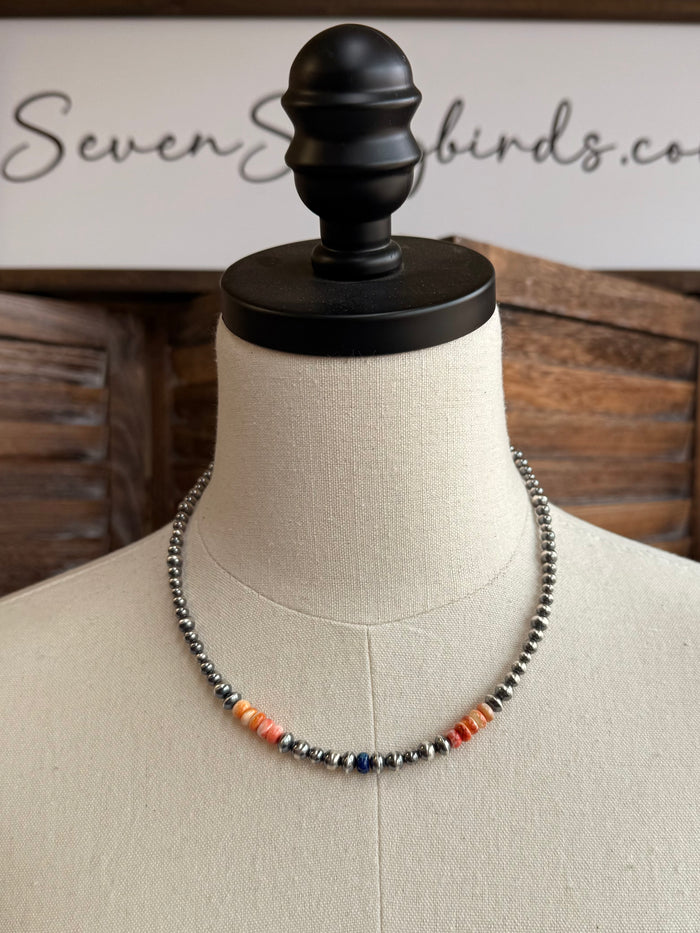 Sterling bead necklace featuring blue jasper and orange spiny oyster beads, 17 in