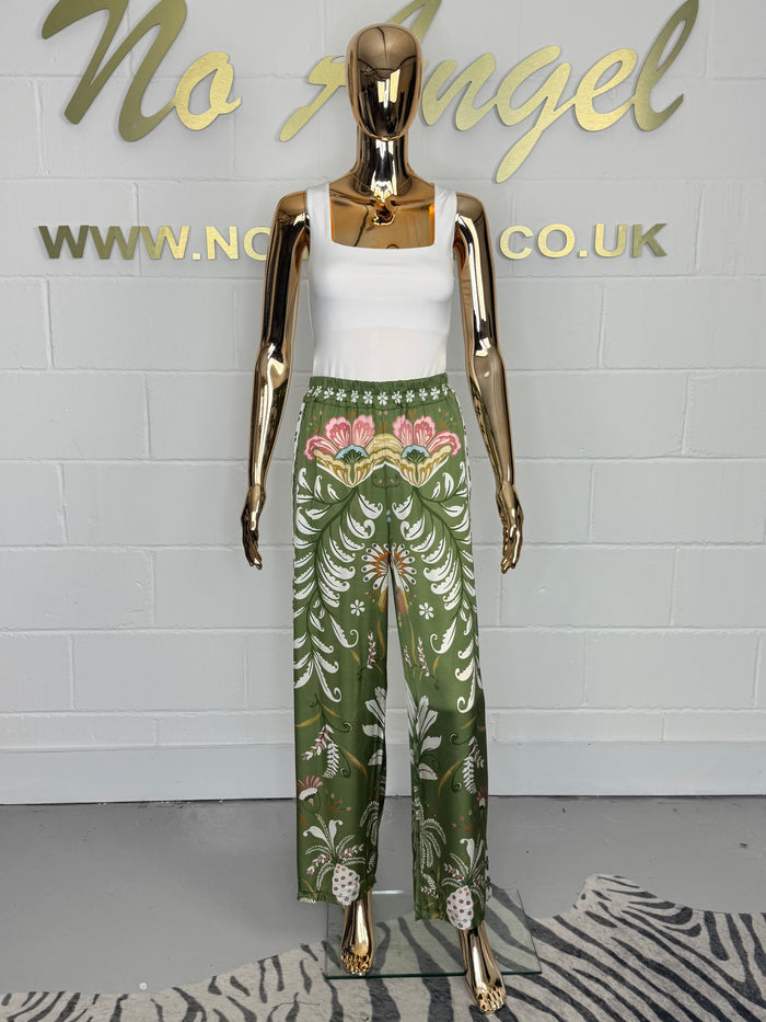 Leaf Flower Printed Elasticated Waist Satin Trousers (2 Colours)
