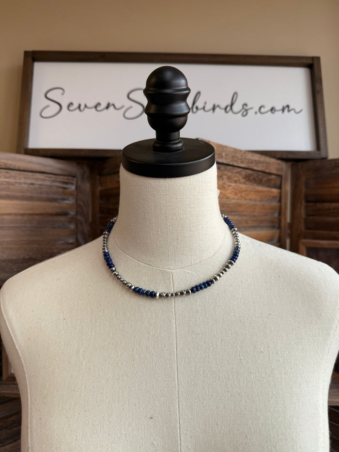 16-inch blue sea sediment jasper bead necklace with sterling silver chain