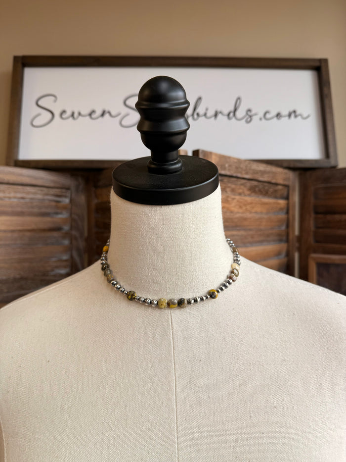 Sterling choker necklace with small multicolor bumblebee jasper and silver bead links