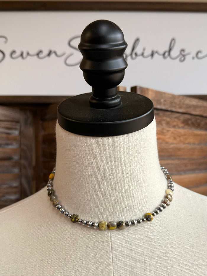 Sterling choker necklace with bumblebee jasper beads and silver-tone chain