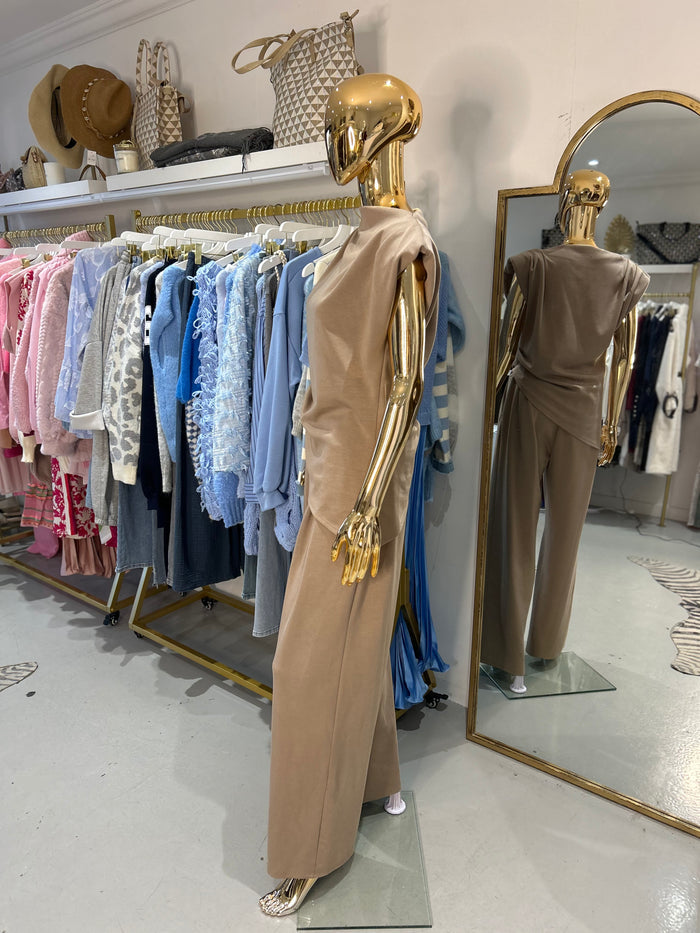 Camel Asymmetric Pleated Shoulder Pad Top & Trouser Co-Ord