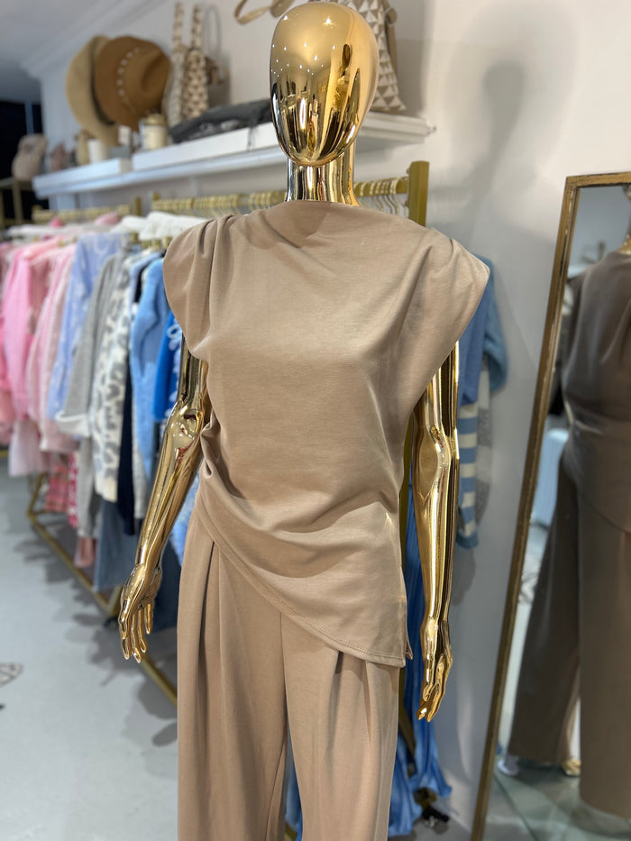 Camel Asymmetric Pleated Shoulder Pad Top & Trouser Co-Ord