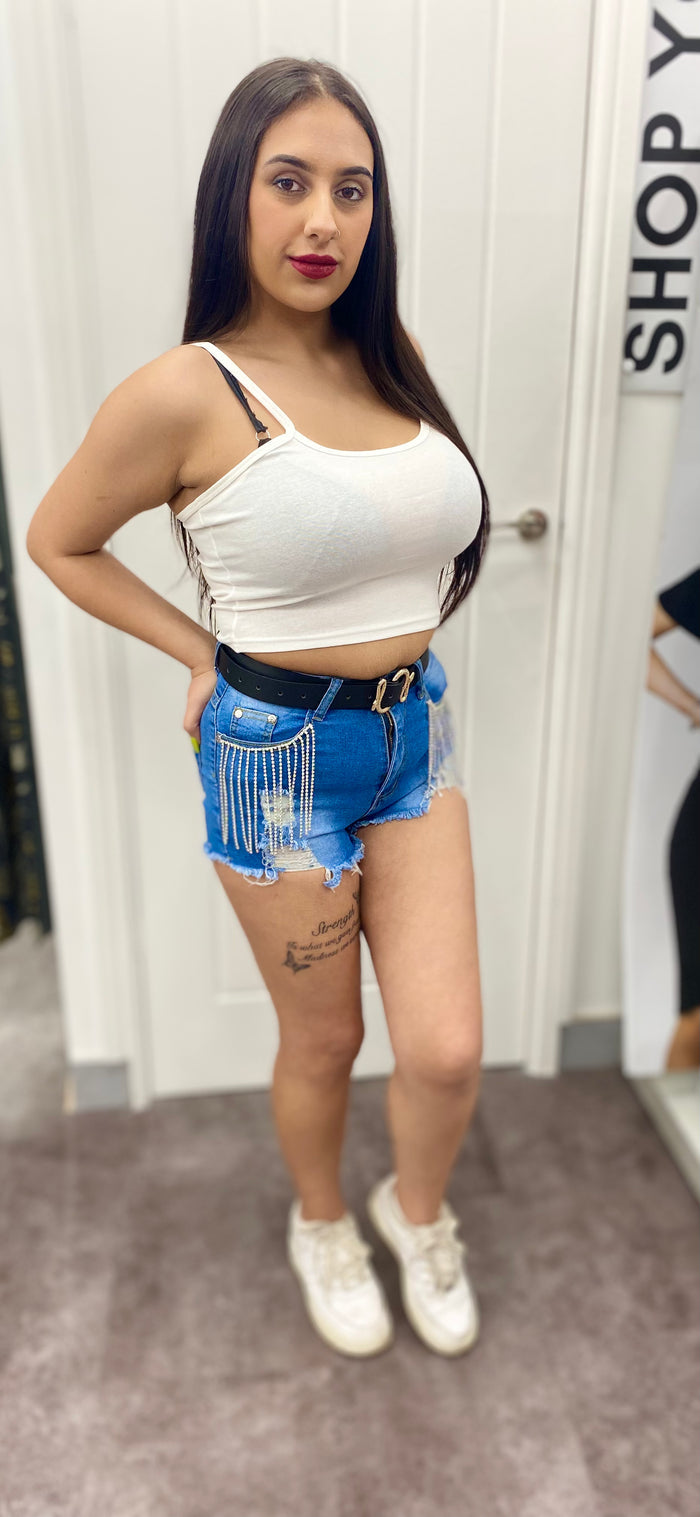 DENIM DAZZLE LIGHT BLUE FESTIVAL SHORTS - Style Heist
