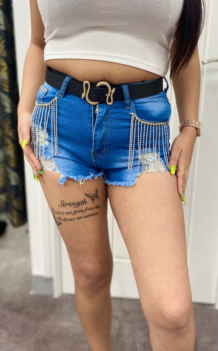 DENIM DAZZLE LIGHT BLUE FESTIVAL SHORTS - Style Heist