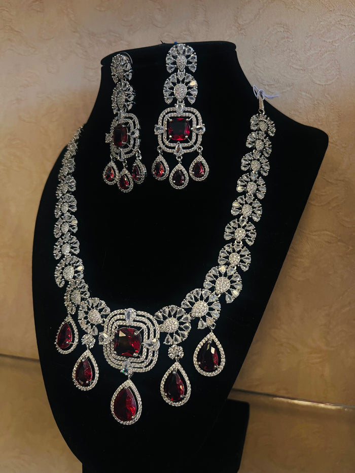 MOHAR statement necklace set in bold red cubic zirconia stones