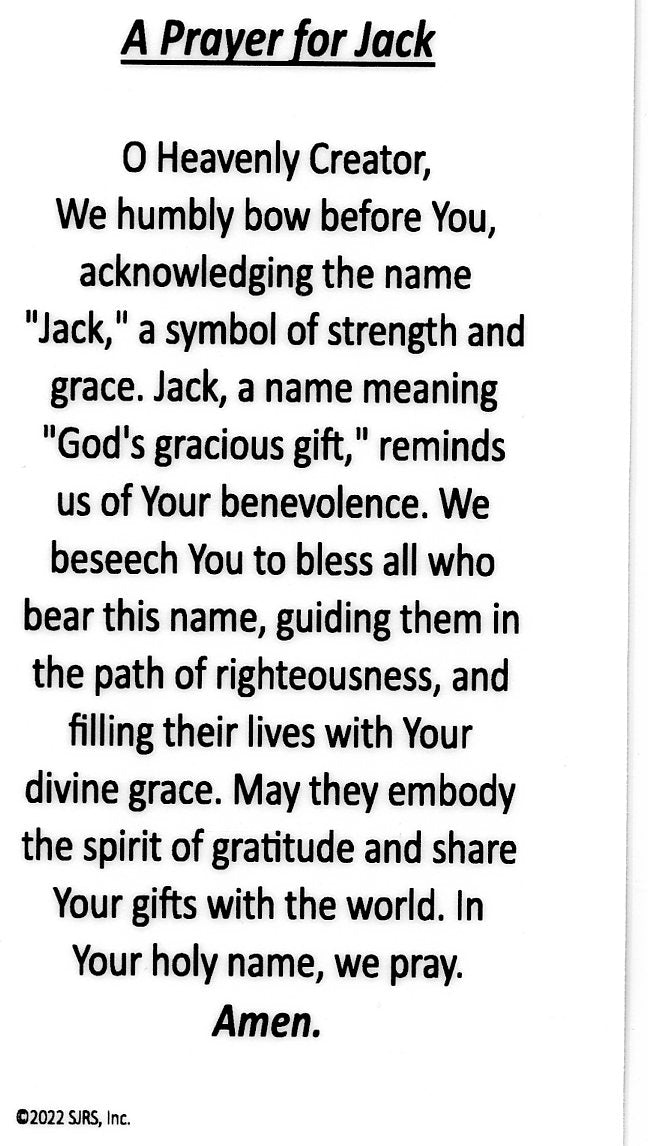 A Prayer for Jack U - LAMINATED HOLY CARDS- QUANTITY 25 PRAYER CARDS