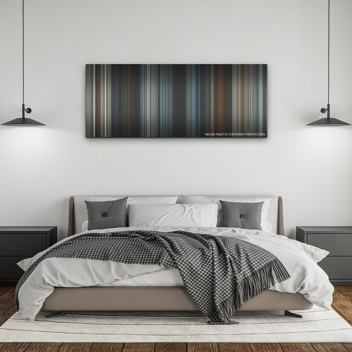 A Quiet Place: Day One color palette canvas above a bed, between two black pendant lamps