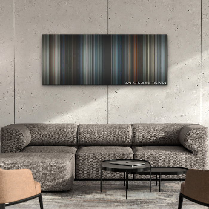 A Quiet Place: Day One color palette canvas on a concrete wall above a gray sectional sofa