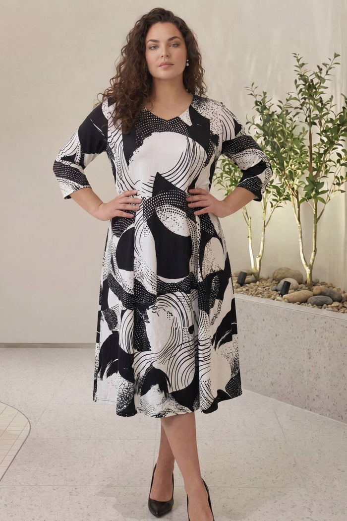 Abstract Brushstroke Print A-Line Midi Dress