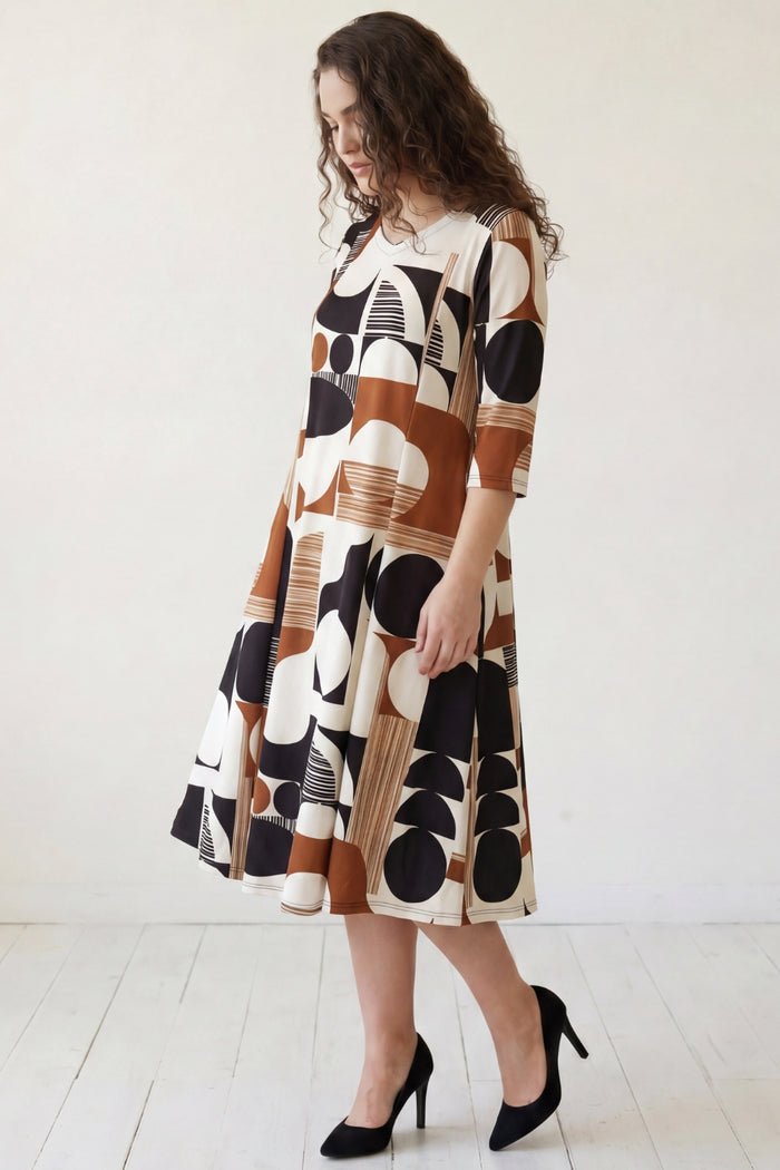 Abstract Geometric Print A-Line Midi Dress