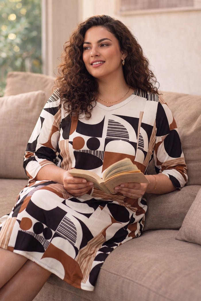 Abstract Geometric Print A-Line Midi Dress