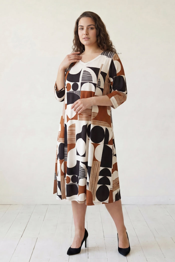 Abstract Geometric Print A-Line Midi Dress
