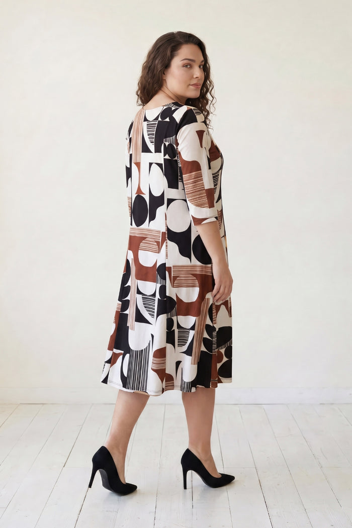 Abstract Geometric Print A-Line Midi Dress