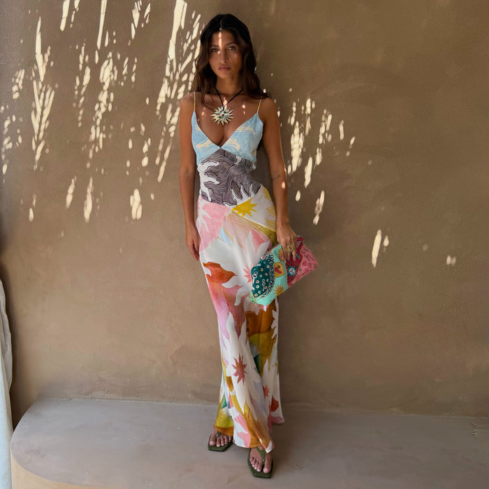 Abstract Soleil Emilia Dress in pastel colours with a soleil print, panel detailing and adjustable straps.