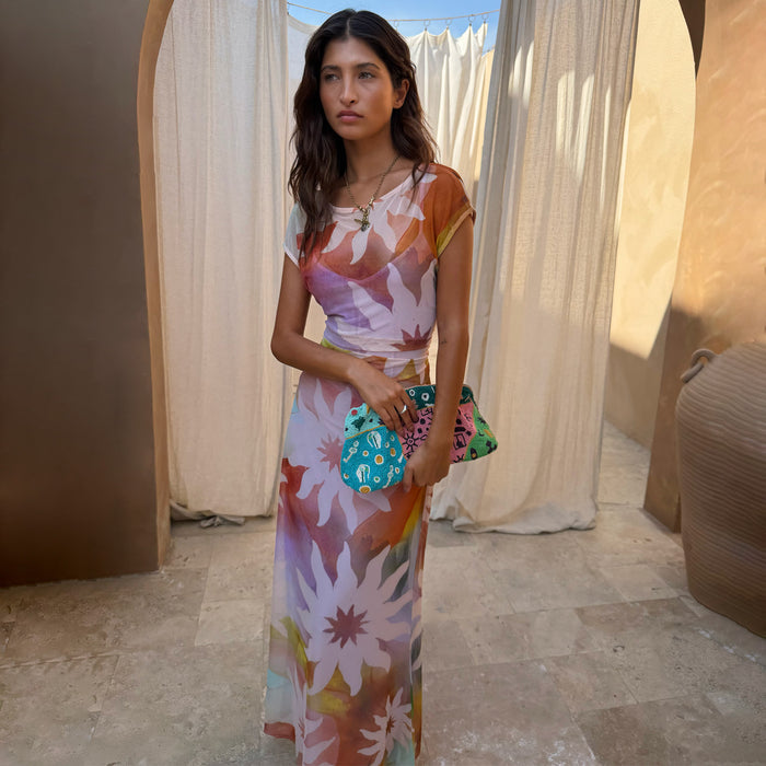 Abstract Soleil Luna Mesh Dress in a multicoloured sun print with short sleeves on a stretchy mesh base.