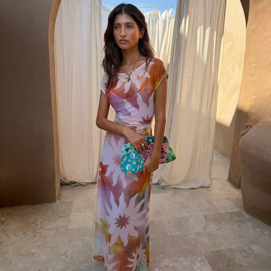 Abstract Soleil Luna Mesh Dress in a multicoloured sun print with short sleeves on a stretchy mesh base.