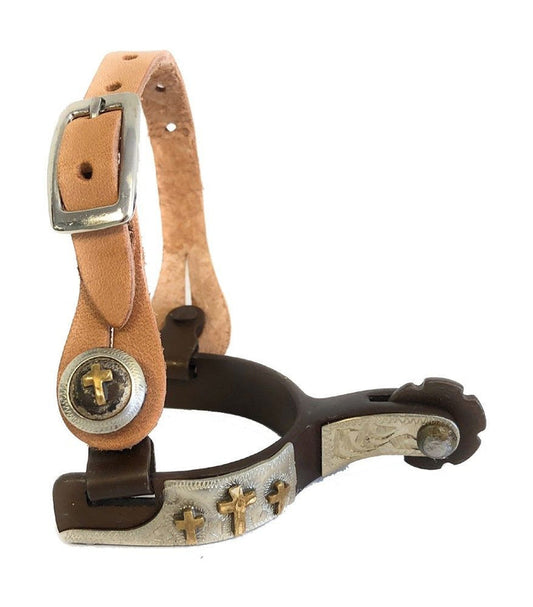 AJ Tack Baby Toddler Show Spurs & Leather Straps Set Three Crosses Silver Engraving