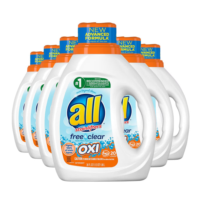 All Free Clear OXI Liquid Laundry Detergent with Stain Removers and Brighteners 36 oz - 20 Loads - 6 Pack