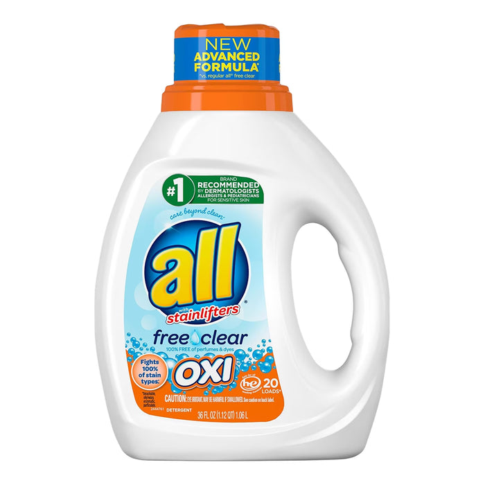 All Free Clear OXI Liquid Laundry Detergent with Stain Removers and Brighteners 36 oz - 20 Loads - 6 Pack