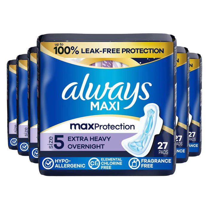 Always Maxi Extra Heavy Overnight Pads with Wings, Size 5 - 27 Ct - 6 Pack