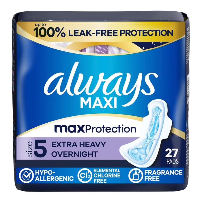 Always Maxi Extra Heavy Overnight Pads with Wings, Size 5 - 27 Ct - 6 Pack