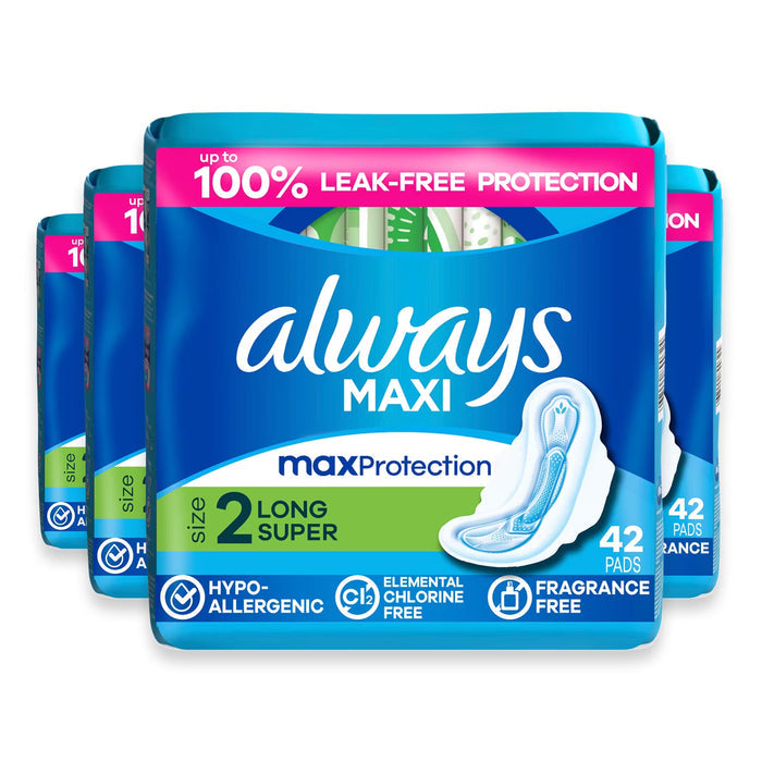 Always Maxi Pads Long Super Absorbency Unscented with Wings Size 2 - 42 Ct - 12 Pack