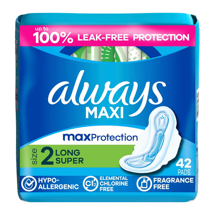 Always Maxi Pads Long Super Absorbency Unscented with Wings Size 2 - 42 Ct - 12 Pack