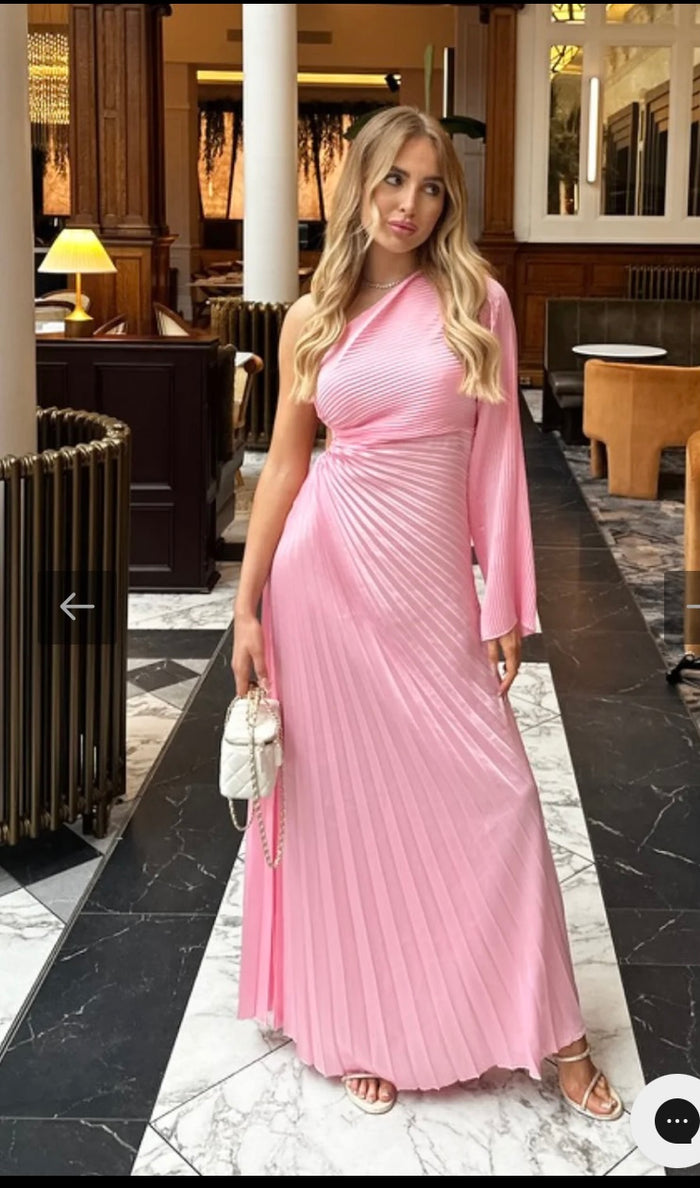 Annabelle Baby Pink Maxi Dress - One Sleeve Cut Out Pleated Design