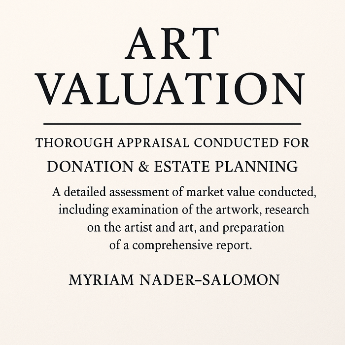 art valuation services by Myriam Nader-Salomon on a white background