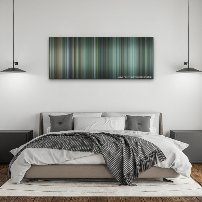 Arthur the King color palette canvas above a bed, between two black pendant lamps
