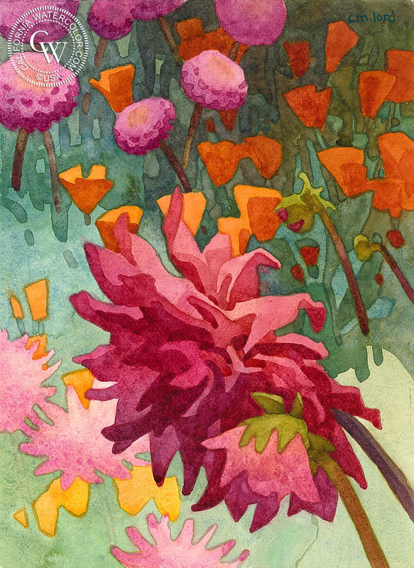 August Dahlia, 2017, watercolor painting by Carolyn Lord (American art). Fine art giclée print reproduction by California Watercolor for wall decor.