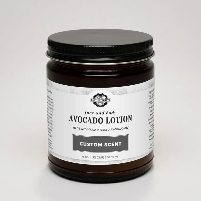 Rustic Strength, Avocado Lotion, 8oz Glass, Custom Made Scent