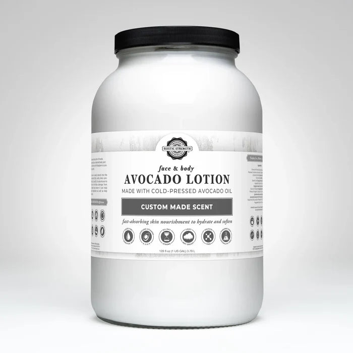 Rustic Strength, Avocado Lotion, 128oz Glass, Custom Made Scent
