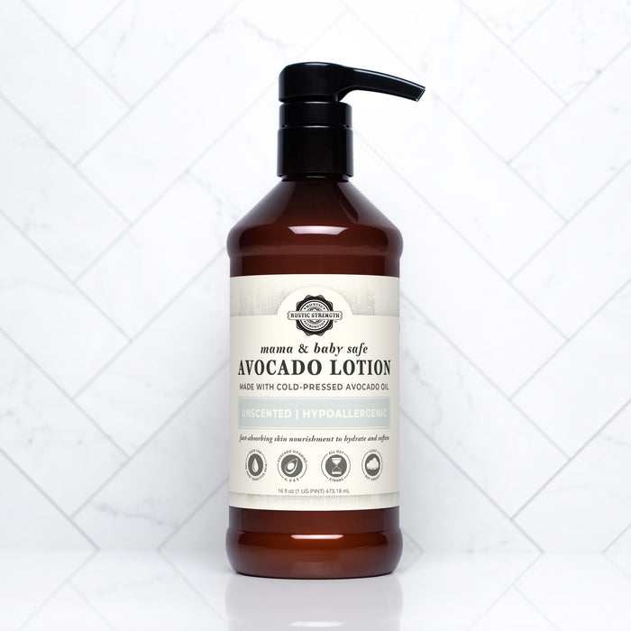 Rustic Strength, Avocado Lotion, 16oz Plastic, Mama + Baby Safe