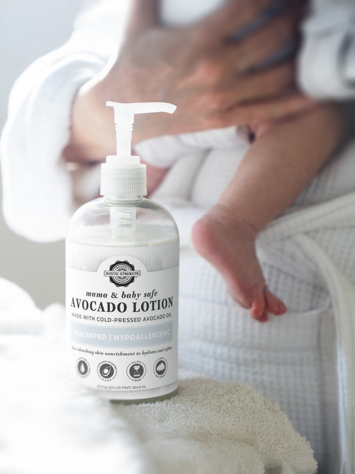 Rustic Strength, Avocado Lotion, 16oz Plastic, Mama + Baby Safe with Mama + Baby in background