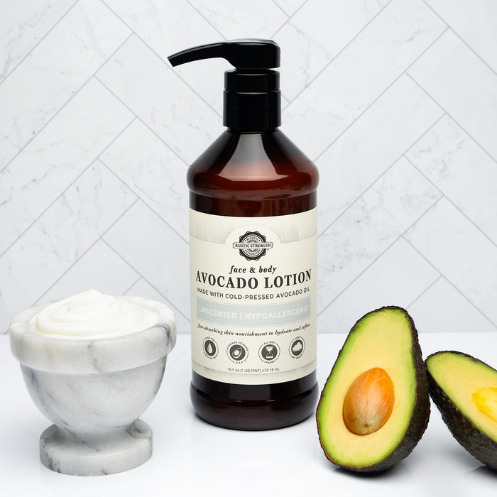 Rustic Strength, Avocado Lotion, 16oz Plastic, Mama + Baby Safe with marble dish of lotion and avocado