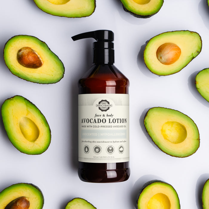 Rustic Strength, Avocado Lotion, 16oz Plastic with avocado in background