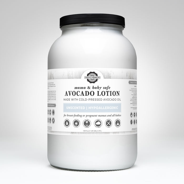 Rustic Strength, Avocado Lotion, 128oz Glass, Mama + Baby Safe