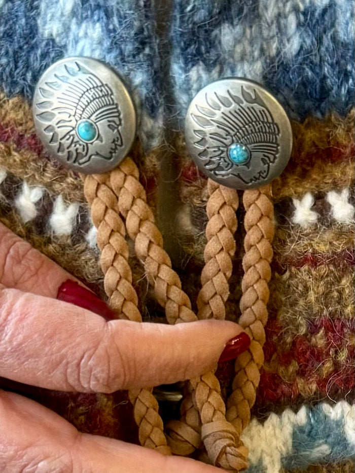 Aztec cardigan front detail: round metal buttons with turquoise, woven patchwork