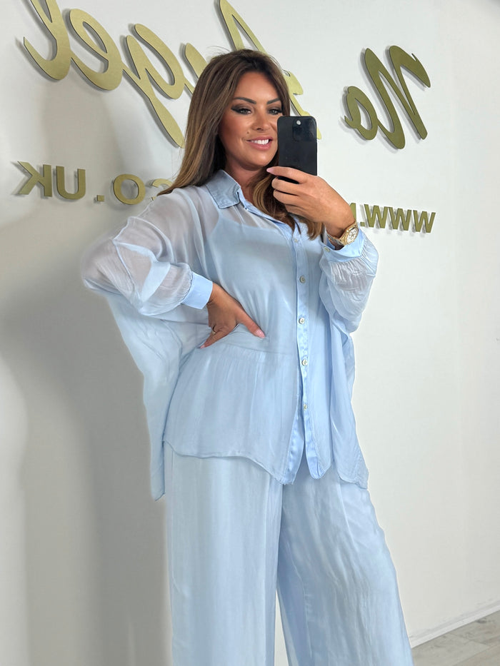 Baby Blue Silk Mix Sheer Shirt & Trouser Co-Ord