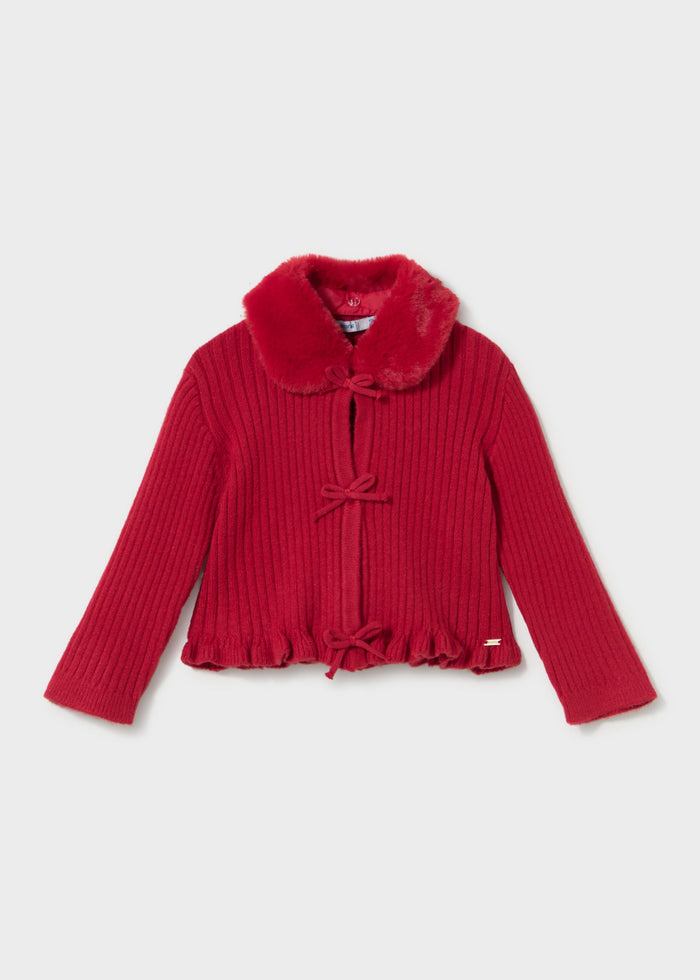 Mayoral baby girl red knit cardigan with faux fur collar