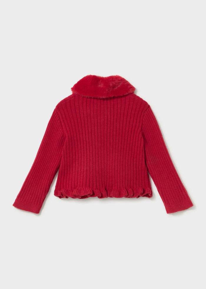 Mayoral baby girl red knit cardigan with faux fur collar, photo 2