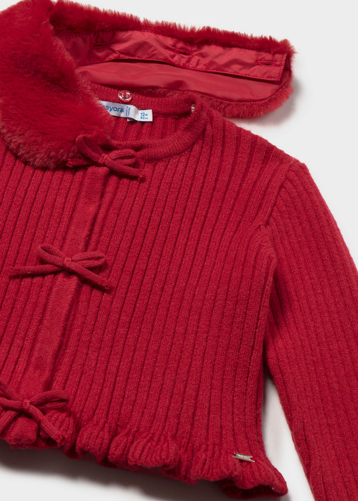 Mayoral baby girl red knit cardigan with faux fur collar, photo 3