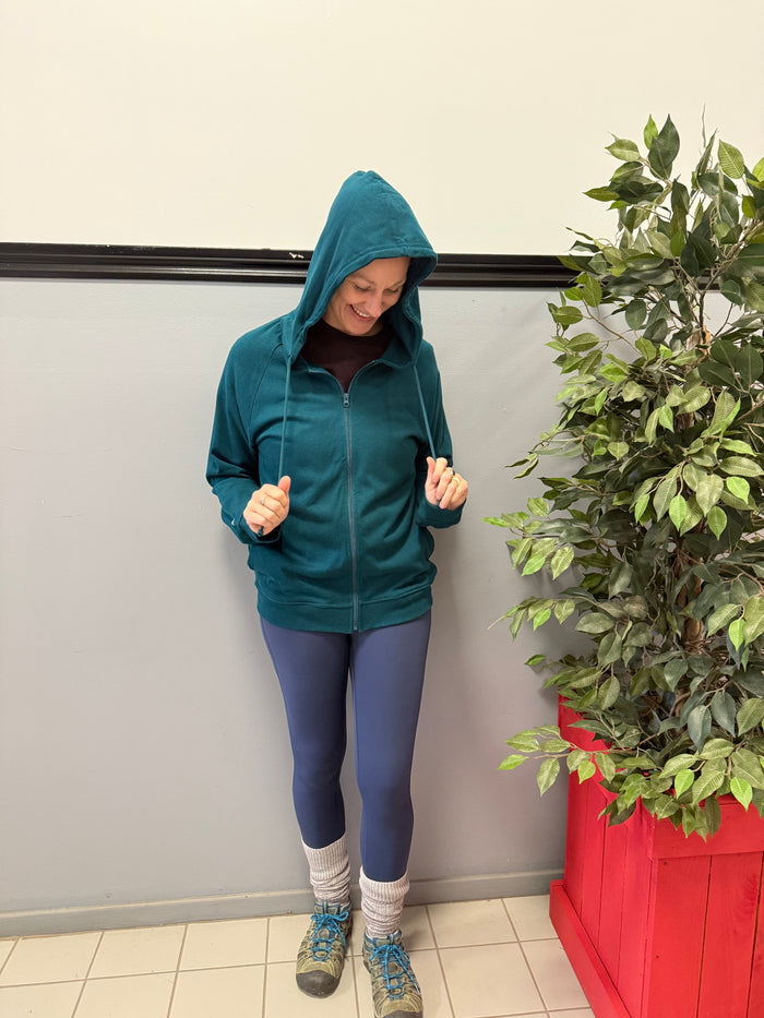 Bamboo Zipper Hoodie - Peacock Green with Origins Print