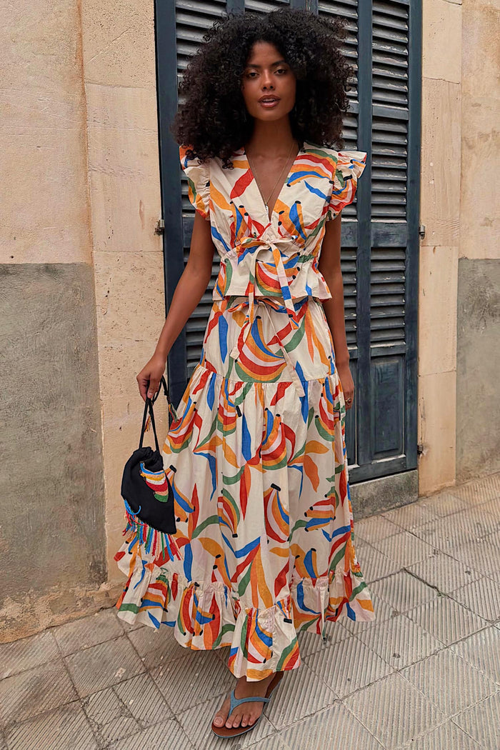 Multicolour banana print Banana Saige midi skirt and co-ord top in cream cotton with a frill hem.