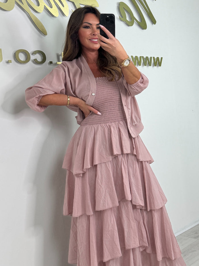 Bandeau Smocked Top Layered Ruffle Dress With Cardigan (2 Colours)